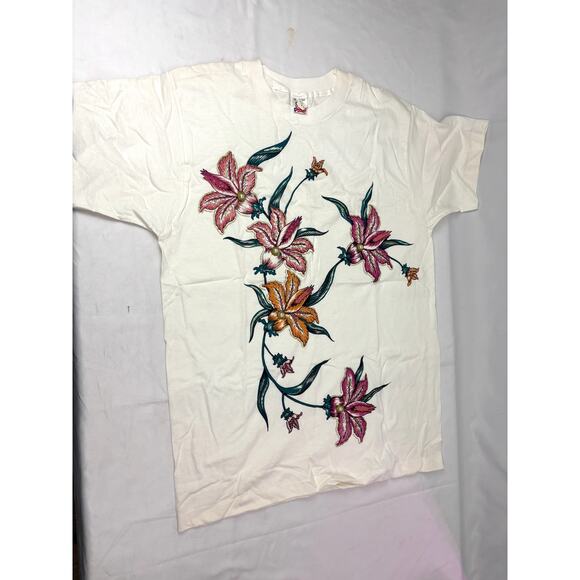 VTG 90s Hand Painted Floral T-Shirt White Single Stitch Art Tee Y2K X-Large - Picture 15 of 16